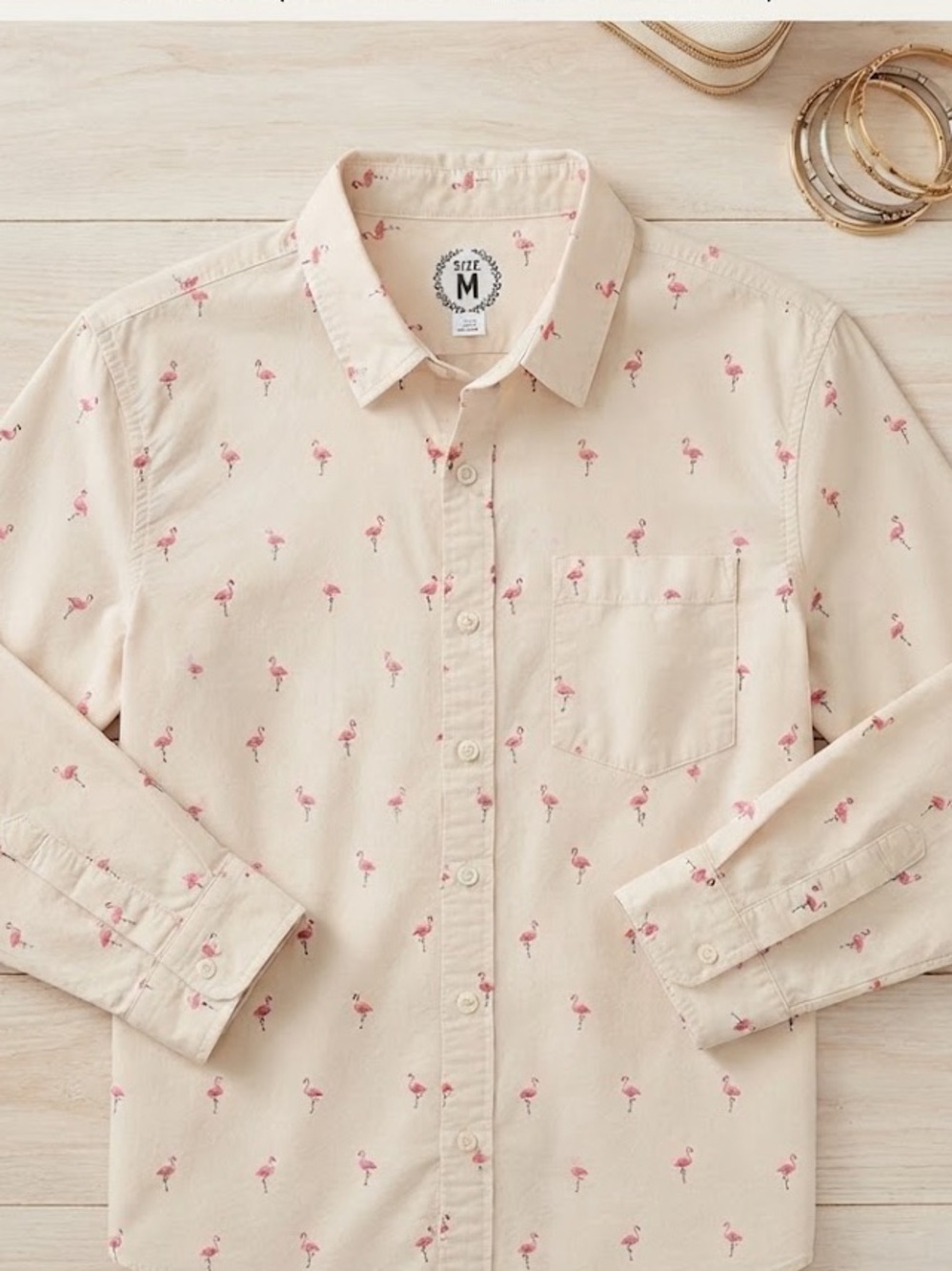 White with Flamingo print 🦩 Casual Button Down Shirt